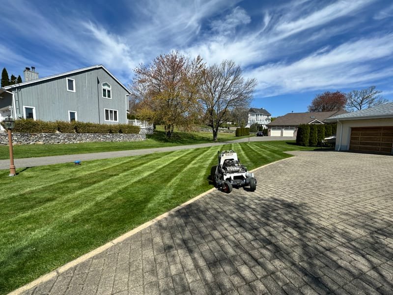 Freshly striped lawn along a Bristol, CT driveway